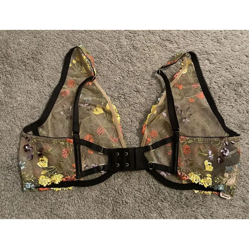 Victorias Secret DREAM ANGELS Unlined Plunge‎ Bra Embroidered Mesh 38B Floral